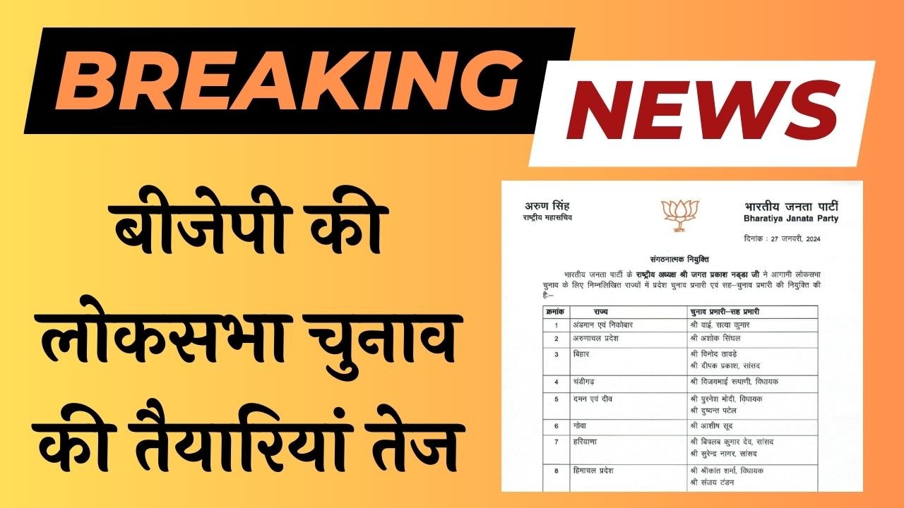 BJP Appointments: बीजेपी की लोकसभा चुनाव की तैयारियां तेज, चुनाव प्रभारी और सह-चुनाव प्रभारी की नियुक्ति की लिस्ट जारी