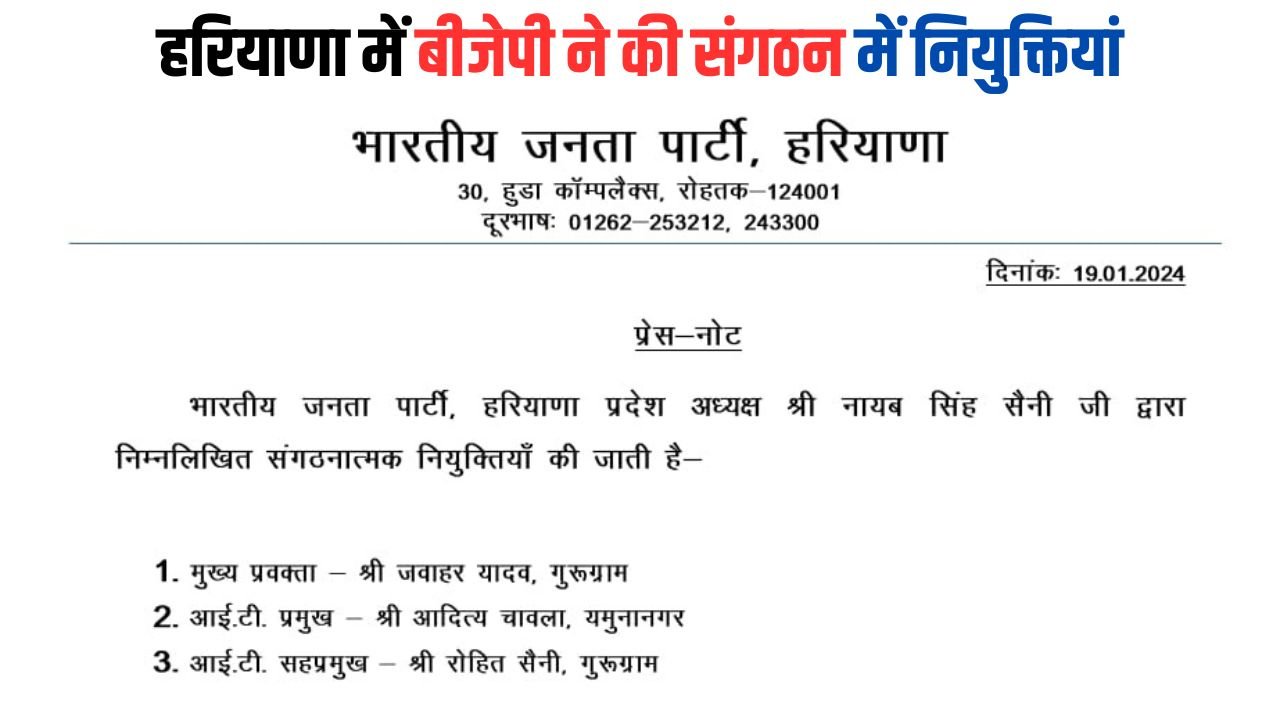 Haryana BJP: हरियाणा में बीजेपी ने की संगठन में नियुक्तियां, जानिए किसे मिला क्या पद?