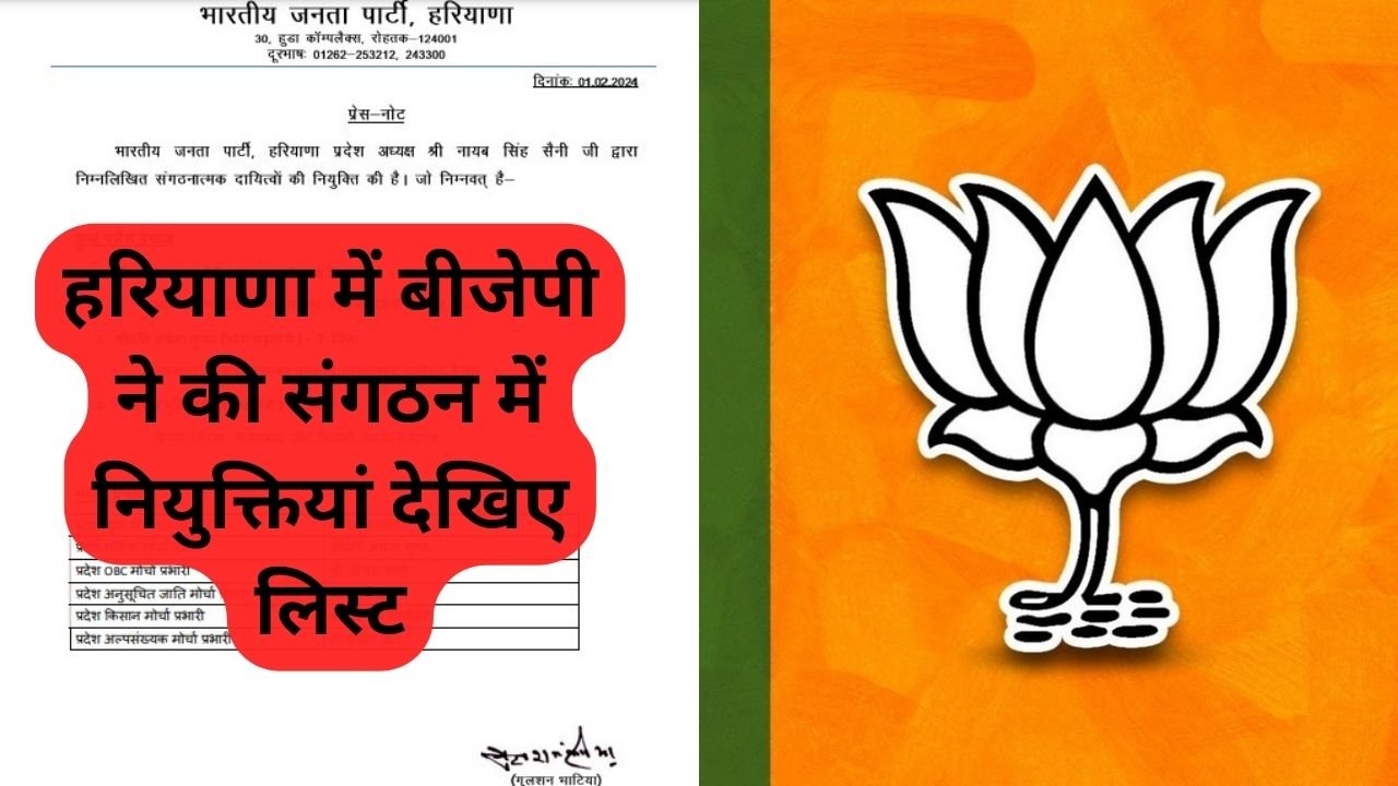 Haryana BJP : हरियाणा में बीजेपी ने की संगठन में नियुक्तियां, देखिए लिस्ट